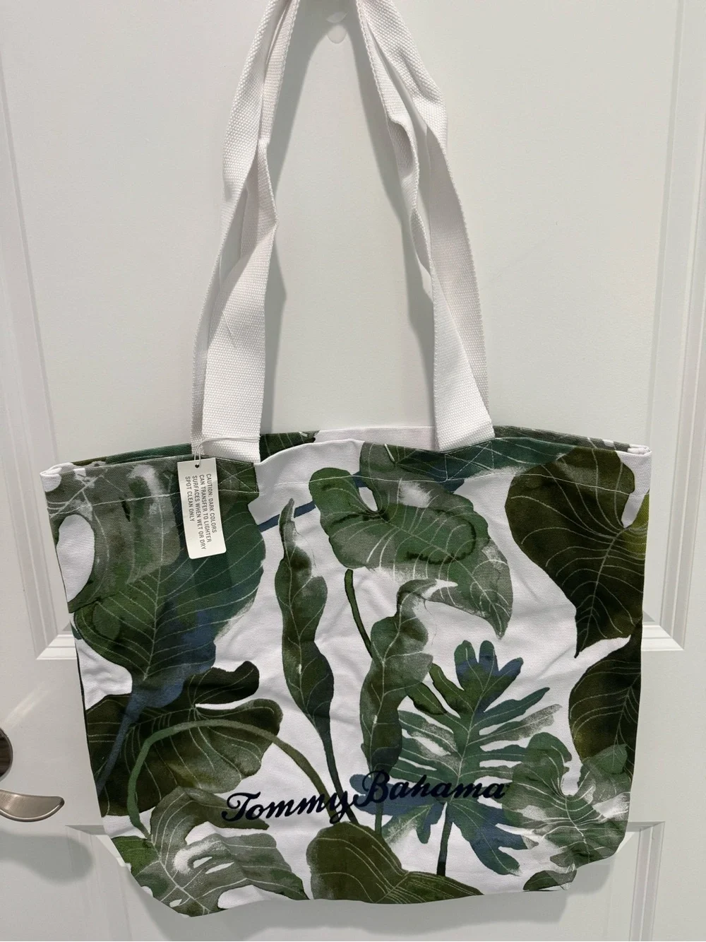 Tommy Bahama White Tote with Green Tropical Leaf Print NWT